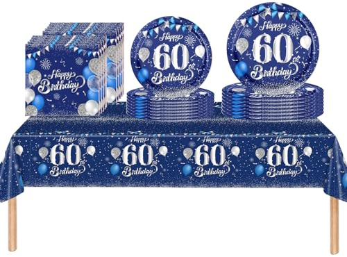 53Pcs Reusable Navy Blue and Sliver Happy 60th Birthday Party Tableware Set,Biodegradable Paper Plates Napkins Table Cloth Reusable 60th Birthday Table Decorations Tableware Kit for Man Men