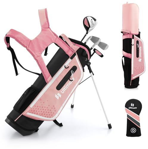 GOPLUS Golfschläger Set, 4 TLG. Golfschlägersätze mit 300CC Driver, 7er Eisen, S Eisen, Putter, tragbare Golfausrüstung leicht mit Golftasche & Regenhaube für Kinder von 8-10 Jahren(Rosa)