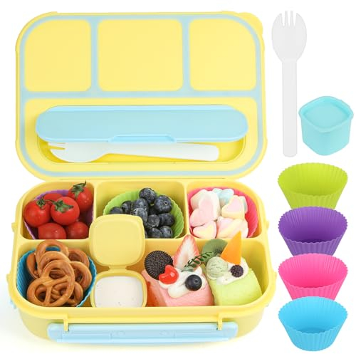 MaMix Bento Box for Kids, Lunch Box Kids, Lunch Containers for Adults,4 Compartment Leak-Proof with Sauce Snack Pot Cutlery (Yellow)
