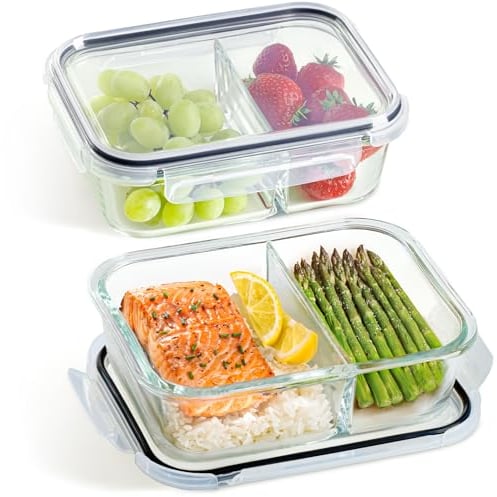 Praknu Meal Prep Containers Verre 2 Compartiments - Lot de 2 - Boite Compartiment Alimentaire 1l - Sans BPA - Passent au Lave-vaisselle, au Micro-ondes & au Four