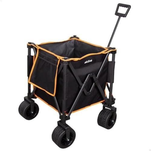 AKTIVE Transportwagen, faltbar, Strand, Garten, Camping, bis 80 kg, robuste 360º-Schwenkräder mit Bremse, Mehrwinkelgriff, mit Tasche, schwarz und orange, mit Abdeckung, Stuhlgestell (62374)