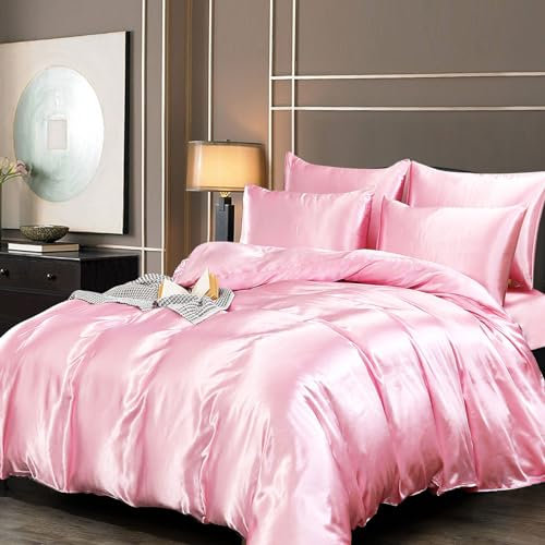 Guchuang Bedding Super King Silk Satin Complete Bedding Set 6 Pieces Pink Duvet Cover Luxury Shiny Ultra Soft Microfiber Quilt Cover 260x220cm with 1 Fitted Sheet, 4 Pillowcases