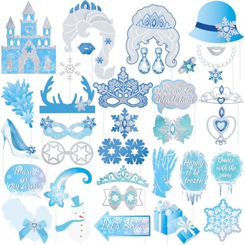 SUNBEAUTY 36 Stück Winter Wonderland Fotobox Requisiten Frozen Party Dekorationen Schneewittchen Fotobox Requisiten für Winter Geburtstag Themenparty Feiertags und Weihnachtsfeier Zubehör