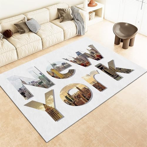 Teppich Wohnzimmer 60 X 90 cm, New York City Manhattan Briefe, Kurzflor Wohnzimmerteppich, Waschbar Rutschfester Fußmatte Carpet Für Schlafzimmer Dekoration, Weiß