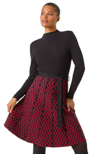 Roman Originals Ribbed Jumper Dress for Women UK with Contrast Panelled Skirt Ladies Everyday Autumn Winter High Neckline Comfy Soft Evening Vacation Work Party Night Out - Red - Size 18