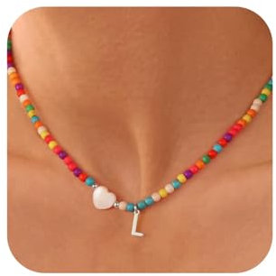 TINGN Teenager Mädchen Geschenke - Bunte Perlenkette Damen Mädchen Boho Schmuck Kette mit Buchstaben L Choker Kette Damen Weihnachtsgeschenke Geschenk Teenager Kinder 8,9,11,12,13 Jahre