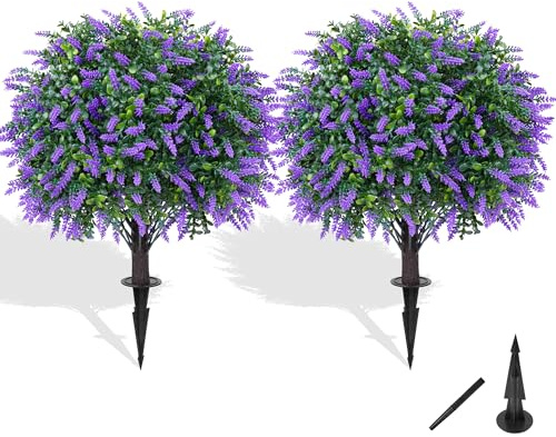 Grooy Artificial Boxwood Topiary Ball with Lavender, Set of 2 Artificial Shrub Bushes with Ground Spike, UV Resistant Fake Evergreen Plant Tree for Porch Outdoor Planters Indoor Valentine's Day