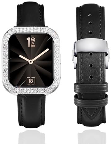 BINLUN Leather Strap Compatible with Apple Watch 45mm 44mm 41mm 40mm Women Leather Band with Glitter Diamond Rhinestone Case Compatible with iWatch Series 9/8/7/SE2/SE/6/5/4(45mm, Black)