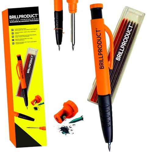 BRILLPRODUCT Lápiz Carpintero Profesional 3 en 1 de Alta Visibilidad + 6 Minas de Repuesto (Lápiz + Sacapuntas + Punta ergonómica + 7 Mininas) Lápiz de Obra.
