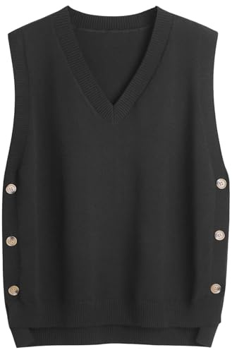 SUNSESS Pull sans manches pour femme avec col en V et boutons latéraux asymétriques