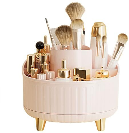 Wnvivi Vitrina Giratoria para Cosméticos, Bandeja Organizadora de Joyas y Cosméticos Redonda, Rosa