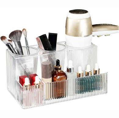 STORICANS Hair Tool Organiser, Bathroom Sink Vanity Trays, Hair Dryer Holder with Detachable 3 Cups, Transparent Wave Design, Ideal for Dressing Table Accessories, Bathroom Counter Organizer Storage