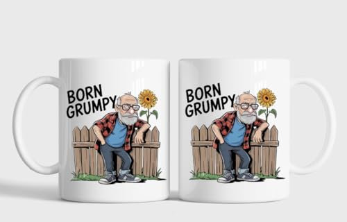 Funny Novelty Mug Grumpy Old Man Themed Hilarious Quote Various Designs Boxed Ready for Gifting Graduation Birthday Christmas Father's Day Secret Santa (Born Grumpy)