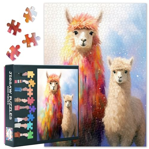 Bunte Alpaka 1000 Stück Puzzle für Erwachsene, Jigsaw Puzzles 1000 Teile schwierig und Herausforderung Fantasy-Tiere, 70 x 50 cm Familie Puzzle Spiel Nacht & Home Decor (Wildlife Series)