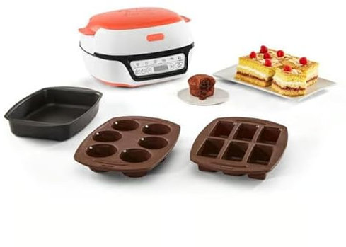 Tefal Cake Factory Tutti Frutti KD801510 – Küchenmaschine für Kuchen, 1100 W, 5 automatische Programme + manueller Modus, inklusive 3 Formen, weiß/korallenfarben, Kochen ohne Vorheizen