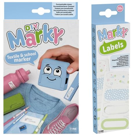 MARKY Stempel Set in Hellblau, mit schwarzer Tinte zum Beschriften verschiedener Gegenstände und Kleidung, inkl. Aufbügeletiketten Set, 28 Stück iron-on Labels, je 7 Motive