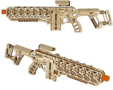 Wood Trick Fusion X Rifle 3D Holzpuzzle für Erwachsene zum Bauen | [512 Teile] 9-Schuss-Magazin und Ausziehbarer Schaft - Mechanischer DIY Holzmodellbausatz für Erwachsene