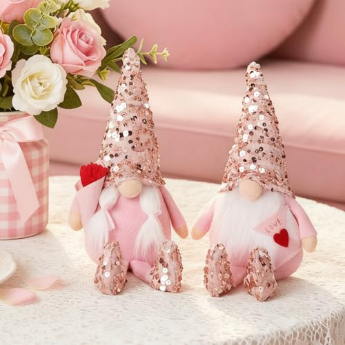 DN DECONATION Valentinstag Wichtel Plüschpaar - Rosa Wichtel Set mit Love Letter & Blumenstrauß, Weich gefüllte Regal-Sitzer als Deko für Zuhause