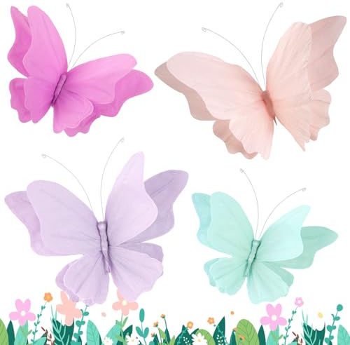 OBBOLO 3D Hanging Butterfly Decorations, Butterfly Birthday Party Decorations, 4 Pcs Crepe Paper Butterfly Hanging Decorations for Girls, Women, Flower Garden Party Decorations