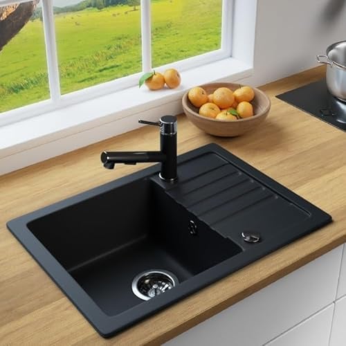 MIT ARMATUR LINDBERGH® Granit Spüle + kompl. Siphon und Imprägnierung mit Abtropffläche, Einbauspüle Küchenspüle Spülbecken - Verbundstoffe MADE IN GERMANY (SIM44 + Armatur 1-Nero)