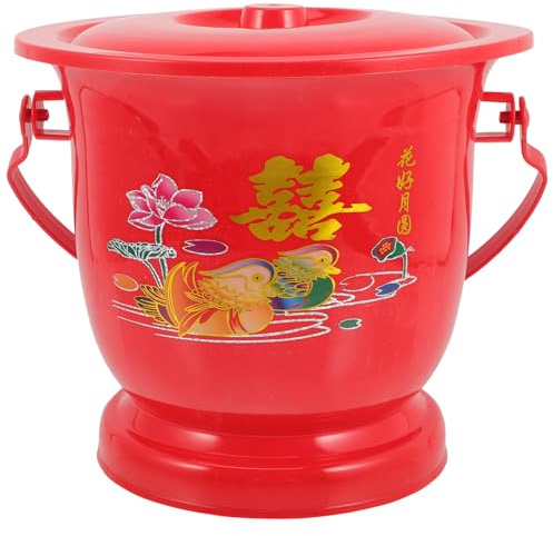 SECFOU Pot de Chambre Mariage Rouge Couvercle et Poignée, Urinoir Portable en Acier Émaillé Galvanisé, Seau Hygiénique pour Adulte, Aide Mobilité pour Personnes Âgées et Femmes