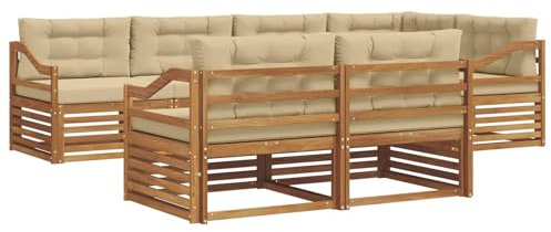 vidaXL Outdoor-Sofagarnitur mit Kissen 7 pcs Natur und Beige, Balkonsofa, modernes Eckmöbel, robuster Lounge, Terrassen-Sitzgruppe, bequemer Gartenstuhl