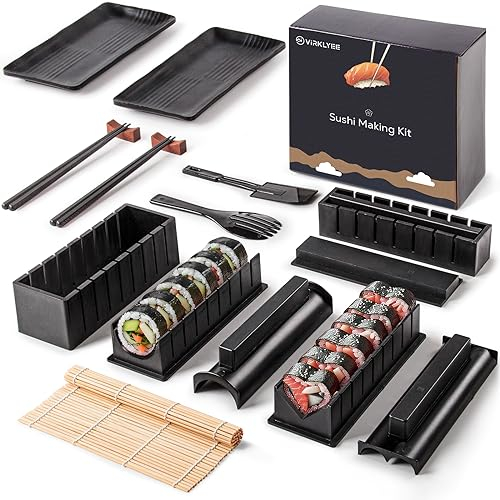 Virklyee 17 Piezas Set de Sushi Sushi Kit Completo para Moldes para hacer Sushi en casa Adecuado para principiantes Sushi Utensilios con Formas Únicas y Divertidas Fácil de limpiar (Negro)