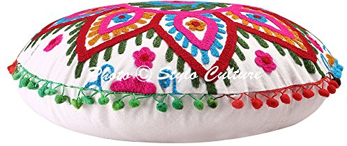 Stylo Culture Ethnisch Dekorativ Rund Bodensitzkissen 45x45 cm Klein Meditationskissen Traditionell Weiß Boho Gestickte Suzani Pom Pom Spitze Baumwolle Blumen Bodenkissen Terrasse