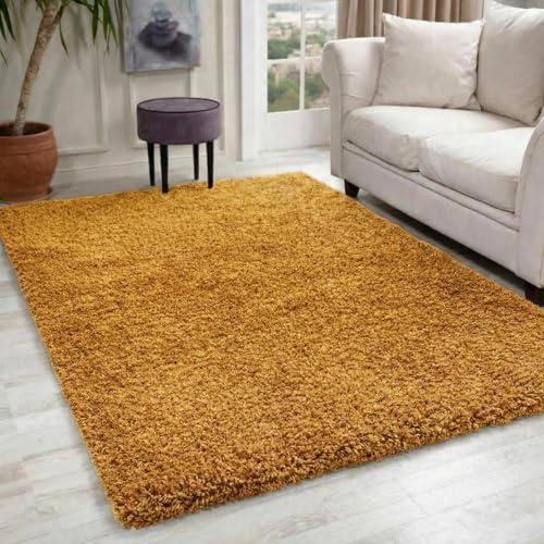 Oxford Plain Soft Thick Shaggy Living Room Area Rug, Gold, 200x290cm
