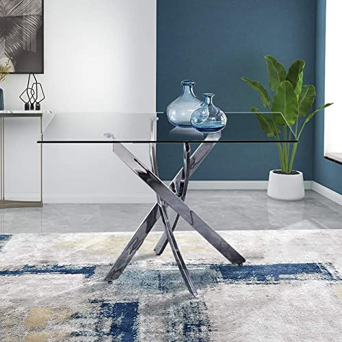 GOLDFAN Table en Verre Trempé Salle à Manger de Cuisine Moderne, Une Table à Manger Argenté pour 4 Personnes, 110 cm
