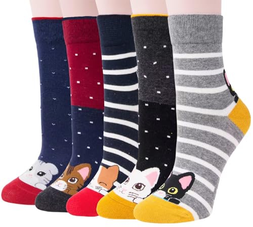 5 Paires Femmes Chaussettes Mignonnes Chaussette Hiver en Coton Motif à Animaux Chat Chien Kawaii,A7(Multicolore),Taille unique
