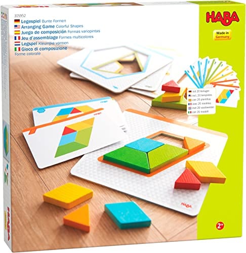 HABA Legespiel Bunte Formen: 18 Holzteile, 4 Vorlagentableaus, 10 doppelseitig Bedruckte Vorlagenkarten