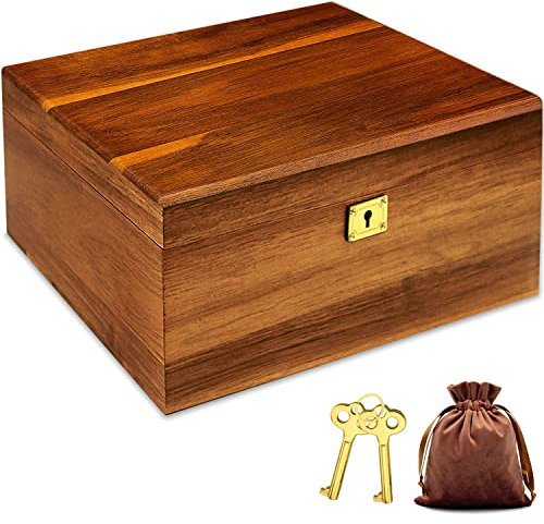 MFLUEEWR Wooden Storage Box with Hinged Lid and Locking Key Large Premium Solid Acacia Keepsake Chest Box -Storage Space to Organize Jewelry, Toys, and Keepsakes in a Beautiful Wooden Decorative Box