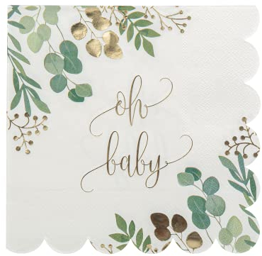 Servietten Babyparty OH BABY Botanical Eukalyptus Blätter-Kranz Tisch-Deko für Baby-Party Baby-Shower Taufe Geburt Junge & Mädchen unisex Farben weiß grün & gold 32 Servietten