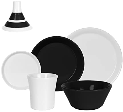 UNITED COLORS OF BENETTON. Black & White - Service de Table de 5 pièces composé de 1 Assiette de Service, 1 Assiette à Dessert, 1 Bol, 1 Tasse, grès céramique, Passe au Lave-Vaisselle, Blanc et Noir