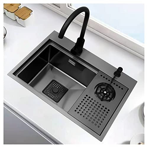 Lavello Da Cucina Nero Con Lavabicchieri E Controller Di Scarico, Lavabo A Scomparsa Con Gocciolatoio, Lavello A Vasca Singola In Acciaio Inox (S : 60x43x21cm)