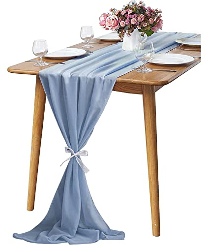 KAMEUN Chiffon Tischläufer, 300x70CM Tischläufer Blau Chiffon Dekorieren, Tischdeko Romantischer Hochzeitsläufer, Tüll Dekostoff für Hochzeit, Brautparty, Babyparty, Geburtstag,Partydekorationen