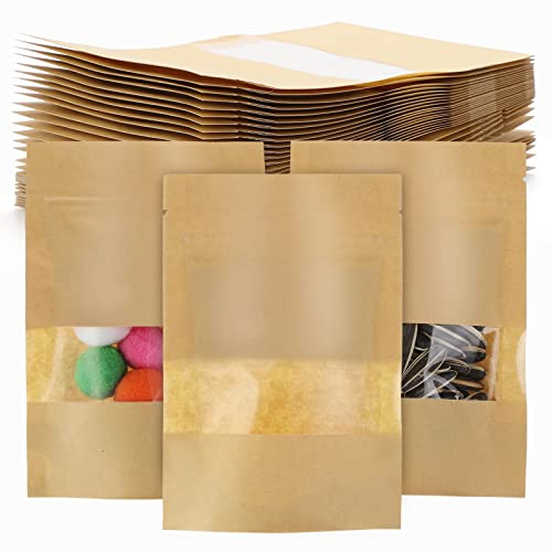 Kinsinder 100pcs Kraftpapier Druckverschlussbeutel, Kraftpapier Lebensmittelaufbewahrungstüten, Wiederverwendbare Druckverschlussbeutel mit Transparentem Fenster, 10x15cm