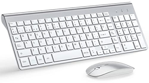 Pack Teclado y Mouse Inalámbricos Ultra Delgado, TopMate 2.4G Compacto Silencioso Teclado de Tamaño Completo de Raton 2400DPI, Teclado con Cubierta, 2 Pilas AA y AAA, para PC/Windows-Blanco Plateado