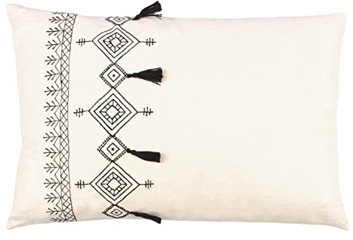 furn. Pritta Cushion Cover – Bohemian Geometric Embroidered Cotton Tassel Trim Case (Natural – 40x60cm)