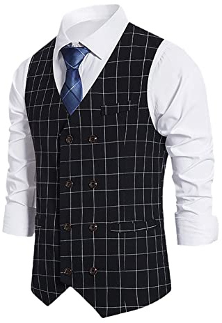 Youllyuu Gilet de costume pour homme à carreaux pour mariage, affaires, double boutonnage
