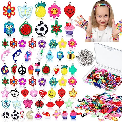 Hanaive 400 Stück Gummiband-Armbänder, Charms, Regenbogen-Silikongummi, Loom-Bänder, Charms, Sommer, bunt, Schmuck-Armbandherstellungs-Set, DIY-Halsketten-Anhänger mit 400 Öffnungsringen für