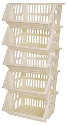 ZARVICZONIA Large Stacking Storage Baskets Veg Rack, Durable Plastic Stackers, Dimensions: 36 cm (L) x 30 cm (D) x 17.5 cm (H) (Cream, Pack of 5)