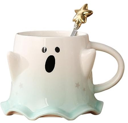 Fovolat Taza Fantasma, café Fantasma Halloween, café Fantasma cerámica 460 ml con Cuchara, Linda Taza Fantasma Halloween para Beber té, Agua
