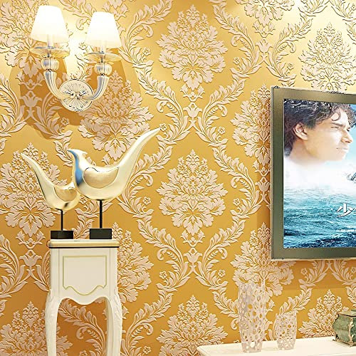 Q QIHANG European Luxury 3D Flower Damask Wallpaper for Bedroom Living Room Background Retro Home Non-Pasted Wall Paper Roll 1.73' W x 32.8' L (Gold Yellow)