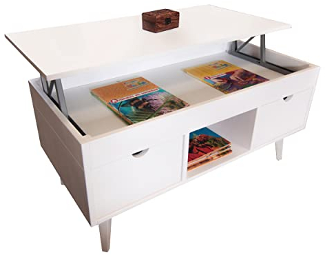 LoMasCasa Couchtisch, Modell Karla 16, mit 2 ausziehbaren Schubladen, zentrales Loch, natürliches Kiefernholz, weiß, konische Beine, Maße 100 x 50 x 47 cm