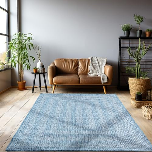HomebyHome Outdoor Teppich Wetterfest 120x170 cm Sisal Optik Blau Bordüre Design Rechteckig - Balkon Teppich Wasserfest Küchenteppich Außenbereich Teppich für Terrasse Garten Balkon