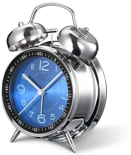 A5 Silent Non-Ticking Bedside Alarm Clock, 4 Metal Structure, Retro Vintage Design with Twin Bell, Perfect for Heavy Sleepers, Elderly and Bedrooms. Analogue Quartz and Battery Operated. (BLUE DIAL)