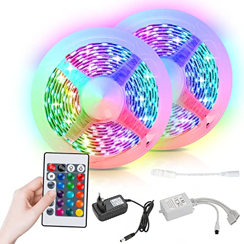 Yakimz LED Strip 10m RGB LED Streifen, Lichterkette mit Fernbedienung und Netzteil, 5050 Leds Strips mit 15 Farbwechsel und 4 Modi, Lichtband Selbstklebend, für Haus, Party, Küche