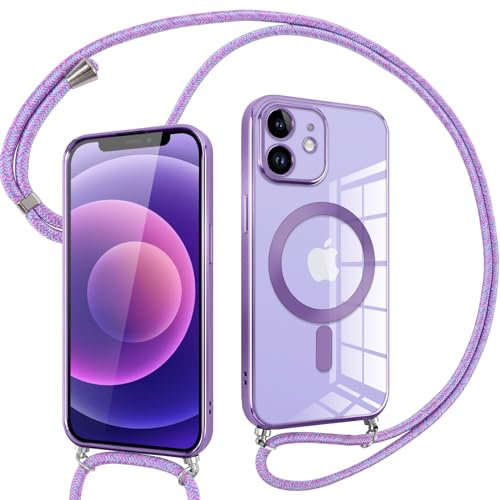 Pnakqil Coque pour iPhone 12 avec Cordon, Compatible avec MagSafe, Transparent Silicone Ultra Mince Housse avec Collier Cordage, Magnétique Case pour iPhone 12, Pourpre